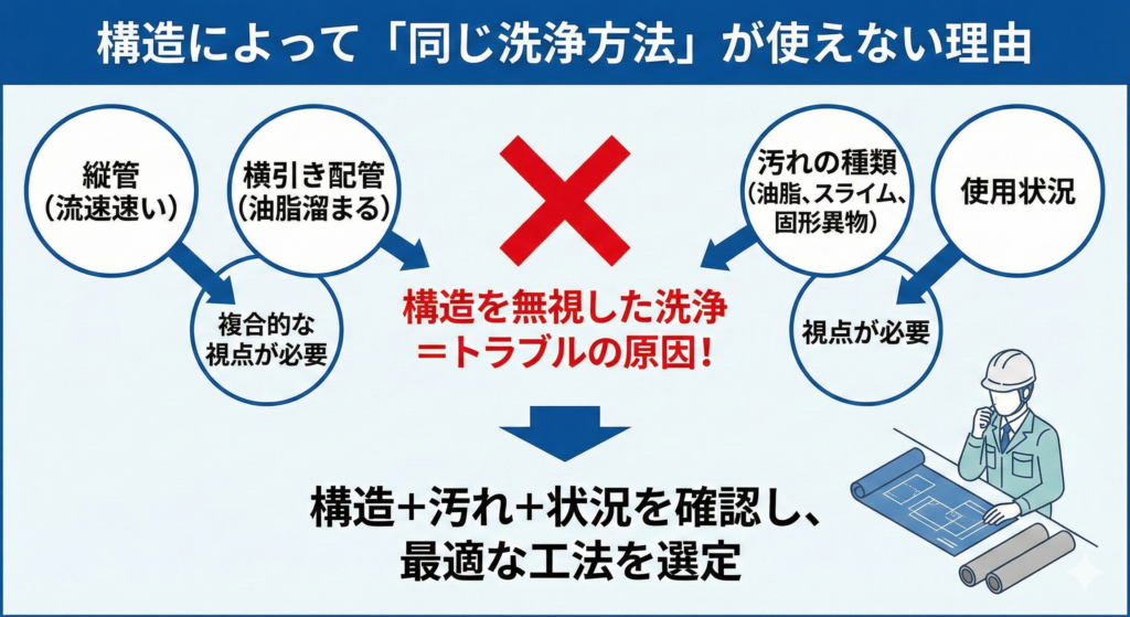 排水管の構造で洗浄方法は変わる?縦管・横引き配管の違いと注意点を解説_04