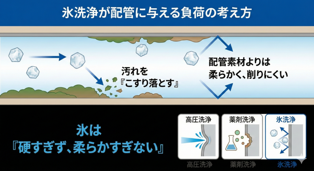氷洗浄はなぜ配管を傷めにくい？材質別に見る洗浄方法の考え方_考え方
