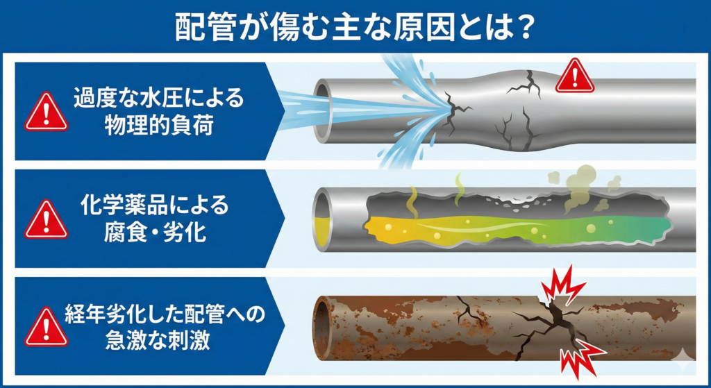 氷洗浄はなぜ配管を傷めにくい？材質別に見る洗浄方法の考え方_原因