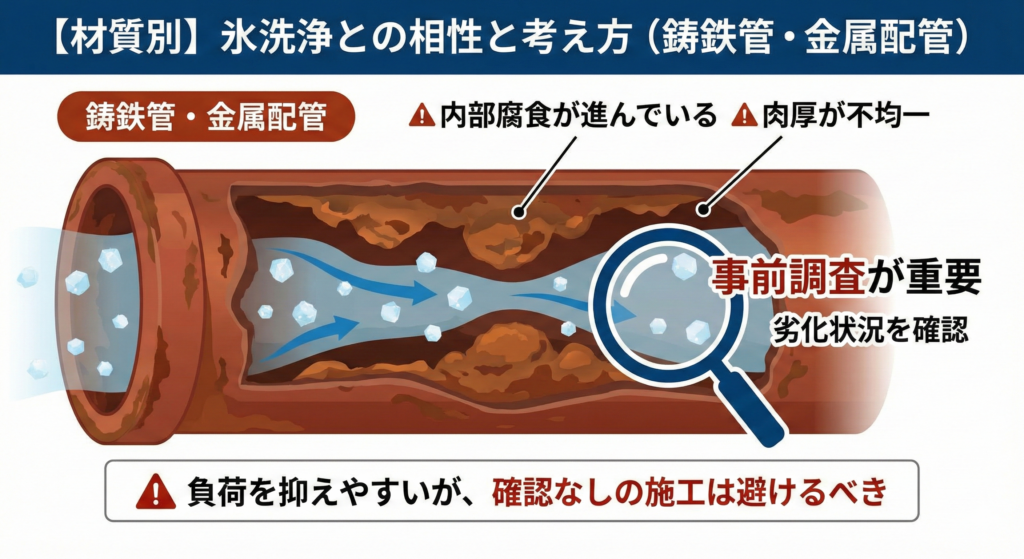 氷洗浄はなぜ配管を傷めにくい？材質別に見る洗浄方法の考え方_鉄管