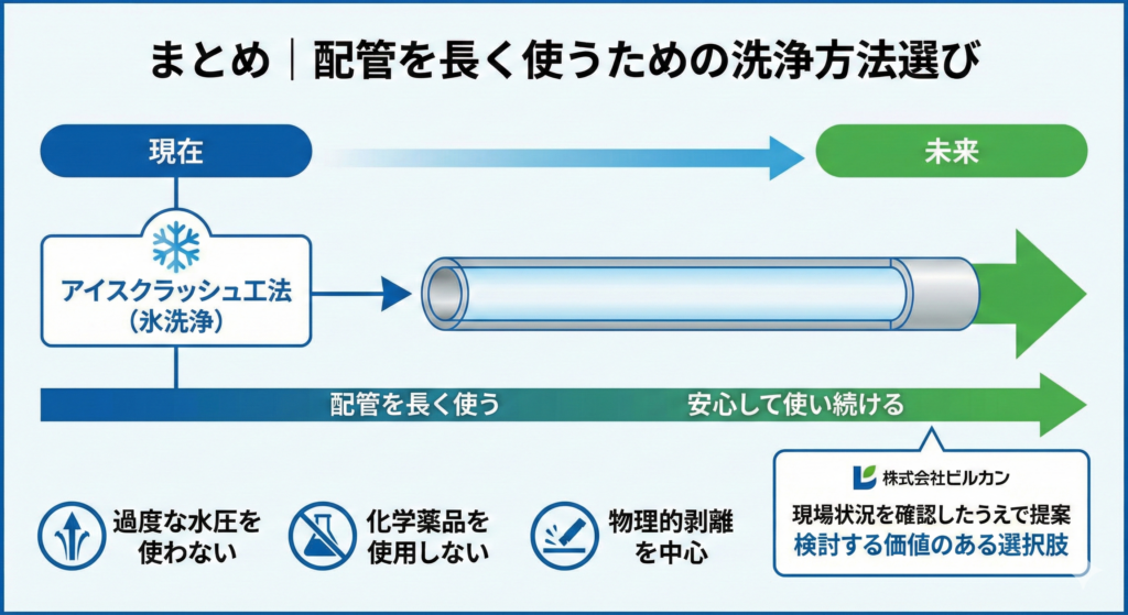 氷洗浄はなぜ配管を傷めにくい？材質別に見る洗浄方法の考え方_まとめ
