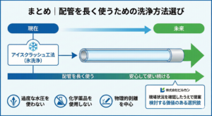 氷洗浄はなぜ配管を傷めにくい？材質別に見る洗浄方法の考え方_まとめ