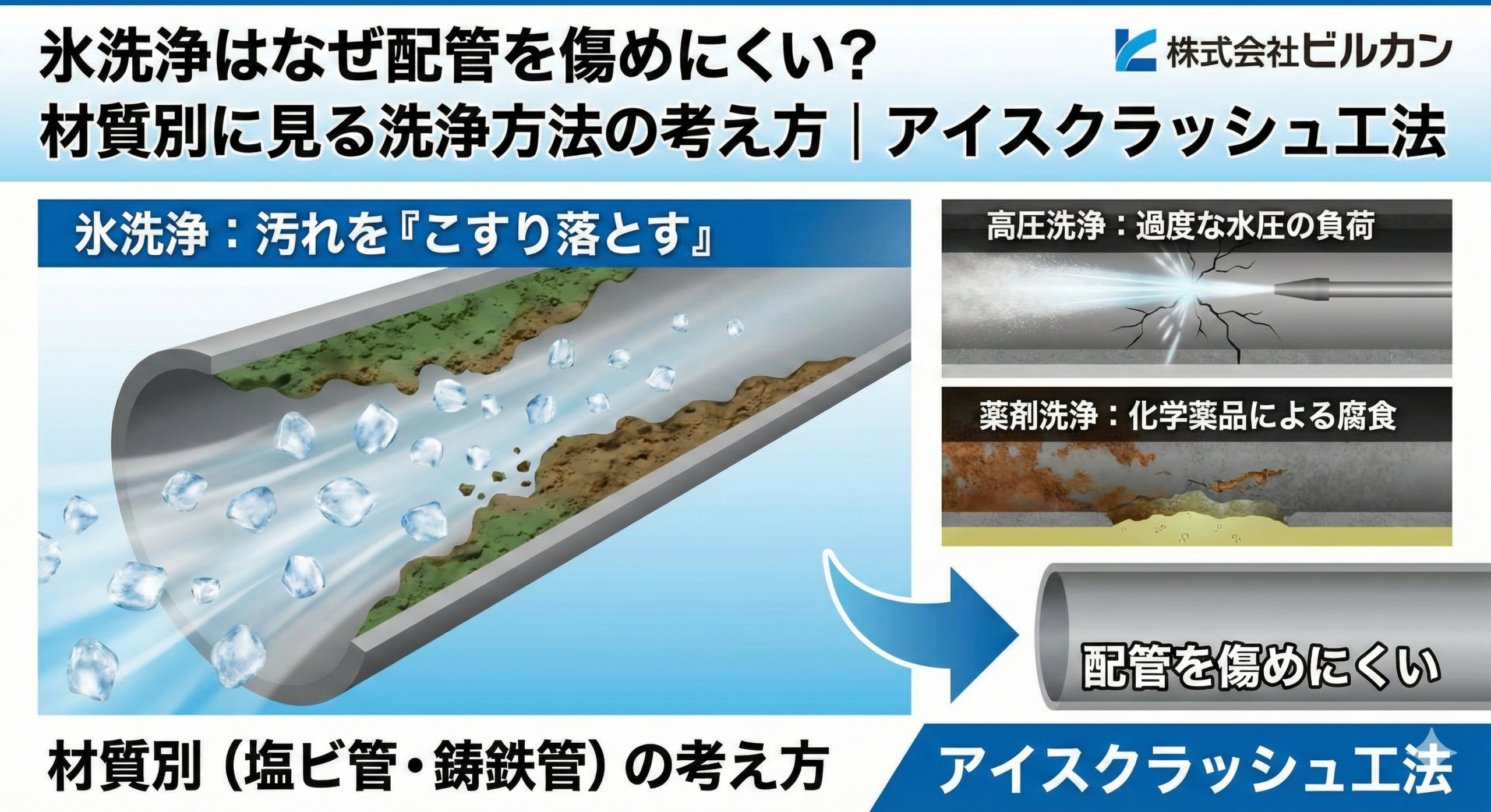 氷洗浄はなぜ配管を傷めにくい？材質別に見る洗浄方法の考え方｜アイスクラッシュ工法